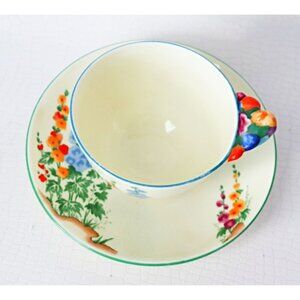 Staffordshire Hollyhock Floral Tea Cup Saucer Flower Handle English Tea Party